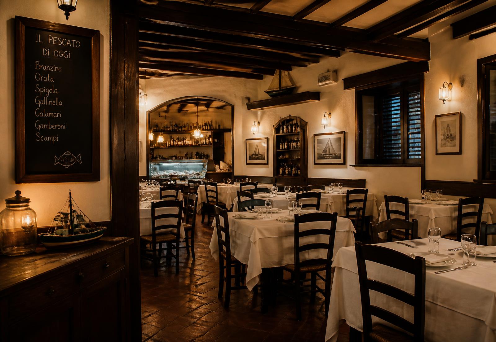 Sala del ristorante con travi in legno e tovaglie chiare
